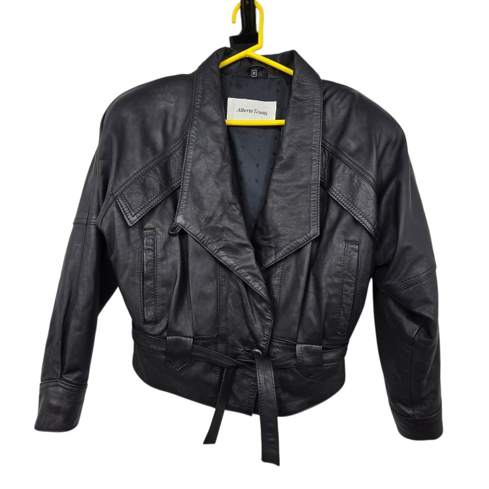 Vintage 80s 90s Alberto Tesatti Leather Moto Jacket Womens M Black Biker Cropped